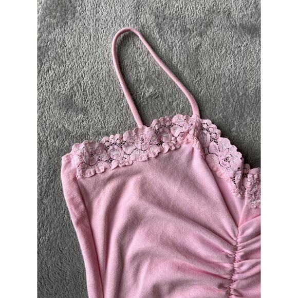 Vintage Y2K Pink Cami Tank Top Large USA Ruched Lace Fairy Dainty Stretchy 2000s - Picture 2 of 13